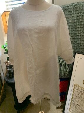 Women’s Zelante Italian 100% Linen Tunic White Linen Fringe Hem Top Size 2X